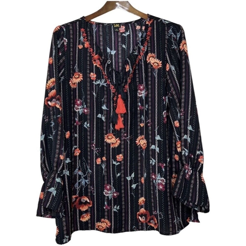 Lee XL Floral Striped Tassel Tie V-Neck Long Sleeve Blouse